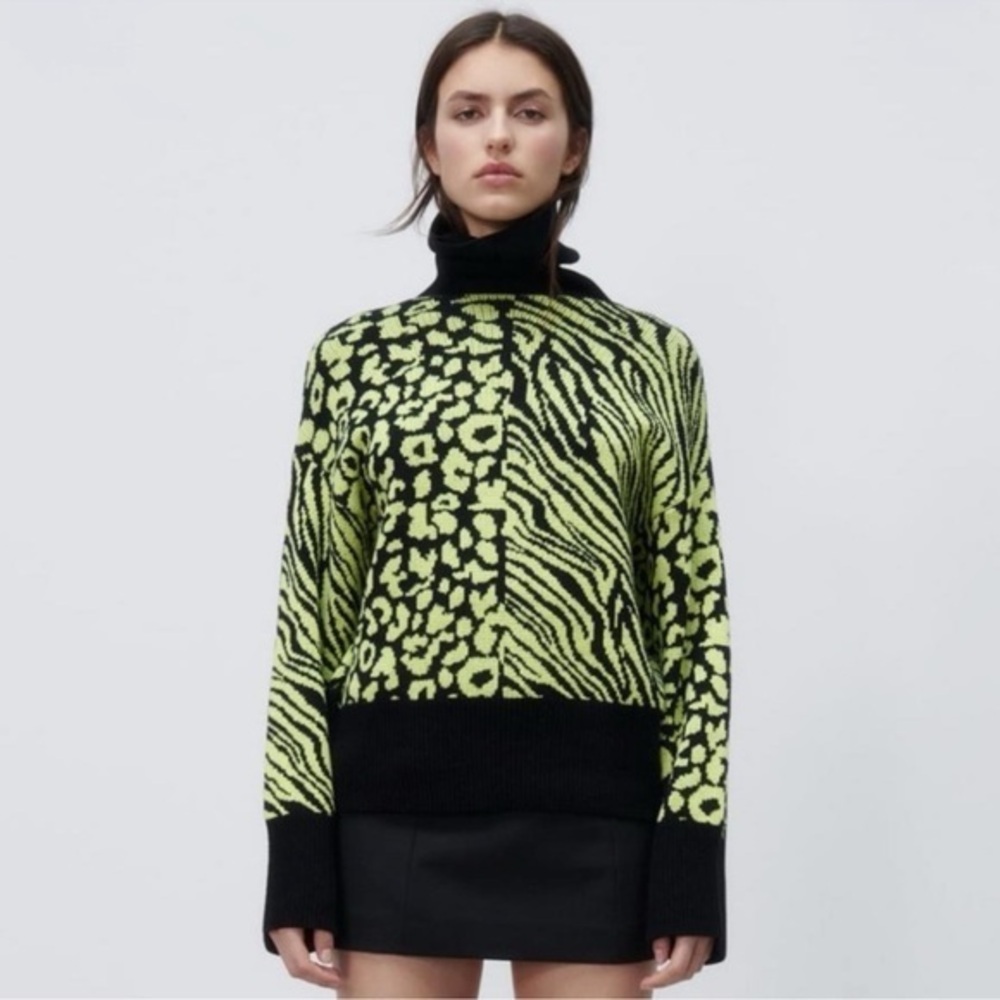Zara Neon Yellow and Black Animal Print Turtleneck Sweater
